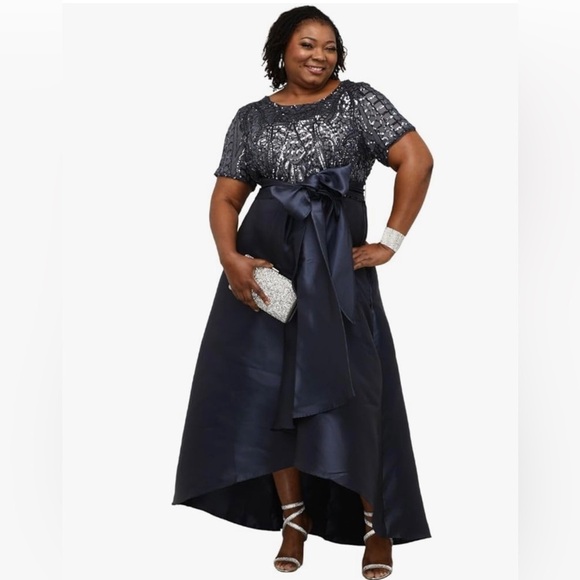 R&M Richards IVORY Short Sleeve Sequin-Embellished Hi -Low Plus size gown sz20W - Picture 1 of 16